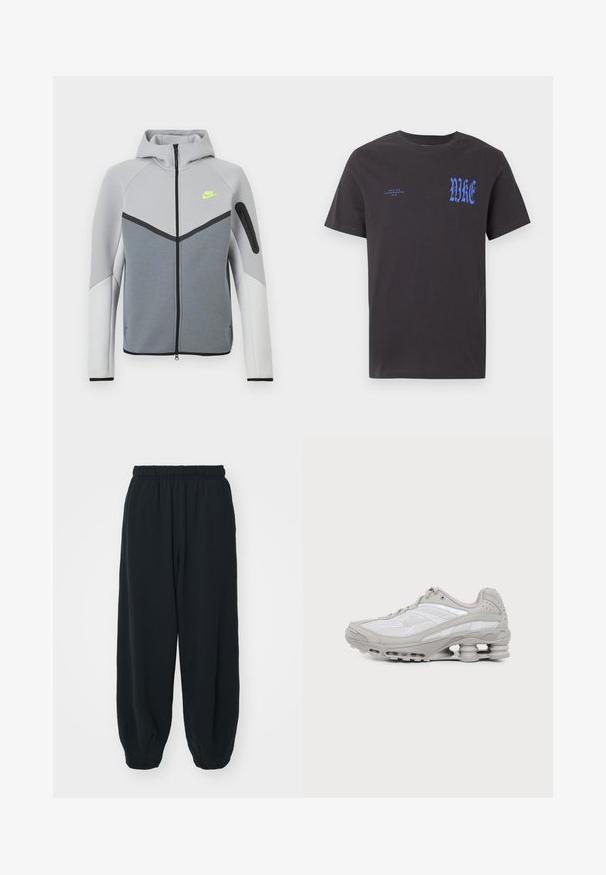 Svetlosivá a biela bunda Nike s predným zipsom, kapucňou, neónovo žltým logom na hrudi, čiernymi detailmi a vreckom na ľavom rukáve so zipsom.; Čierne tričko s krátkym rukávom a okrúhlym výstrihom s modrým nápisom "NIKE" v gotickom písme na hrudi a menším nápisom "NIKE AIR INCORPORATED 1972" na ľavej strane.; Čierne tepláky s elastickým pásom, vo voľnom strihu, s manžetami na členkoch, hladkej textúry a bez viditeľných vzorov alebo kovových doplnkov.; Šedá a biela športová teniska s viditeľnou podrážkou s vzduchovou vložkou a sieťovinovými panelmi, zobrazená v profile na jednoduchom svetlom pozadí.