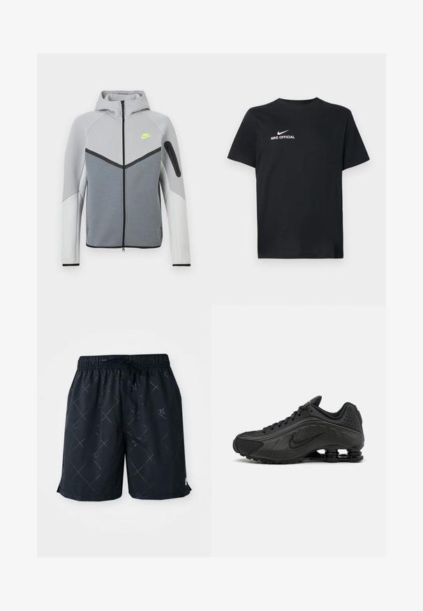 Chaqueta Nike en gris claro y blanco con cremallera frontal, capucha, logo en neón amarillo en el pecho, detalles en negro y bolsillo con cremallera en la manga izquierda.; Camiseta de algodón negra con escote redondo. Presenta un logo blanco de Nike y el texto "NIKE OFFICIAL" en el frente. Mangas cortas.; Bañador negro con un patrón de diamantitos y el logo de Nike, fabricado con material ligero. Presenta una cintura elástica con cordón.; Zapatillas de running negras con un upper sintético liso, detalles perforados, paneles laterales texturizados y una suela distintiva y elástica.