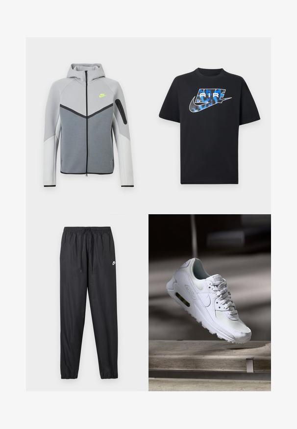 Lichtgrijze en witte Nike-jas met rits aan de voorkant, kap, neon geel logo op de borst, zwarte accenten en een met rits afgesloten zak op linkermouw.; Zwart kortermig T-shirt met een blauw-witte gestileerde tekst "AIR" en het Nike swoosh-logo op de borst.; Zwarte joggerbroek met elastische tailleband en verstelbare trekkoord. Gladde, lichte stof met een klein wit Nike-logo.; Witte Nike Air Max 90 sneaker met een bovenwerk van mesh en leer, een geperforeerde teenbox en een zichtbare luchtunit in de hiel.
