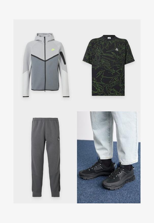 Lysegrå og hvid Nike-jakke med lynlås foran, hætte, neon-gult logo på brystet, sorte detaljer og lynlåslomme på venstre ærme.; Sort t-shirt med grønt abstrakt linjemønster, korte ærmer og rund halsudskæring; har en lille logo på øverste venstre side.; Grå sweatpants lavet af blødt stof med elastisk talje, tætsiddende ben, sidelommer og en cirkulær logo-patch.; Sorte træningssko med tekstureret stof og gummisåler, udstyret med elastiske snørebånd og en blå detalje på hælen. Bæres med lyse denimbukser.