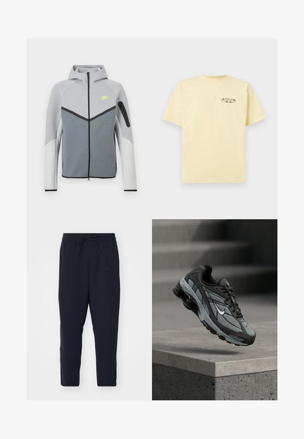 Lysegrå og hvid Nike-jakke med lynlås foran, hætte, neon-gult logo på brystet, sorte detaljer og lynlåslomme på venstre ærme.; Gul bomulds T-shirt med korte ærmer og ronde halsudskæring, med et trykt grafisk logo på venstre brystområde.; Mørkeblå joggerbukser lavet af blødt stof, med elastisk talje og snor, tapered ben og sidelommer.; Grå og sort atletiksko med meshpaneler og tyk sål, placeret i luften over en betonliste med trapper i baggrunden.