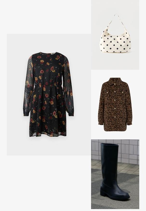 Leopardenmuster-Hemdjacke in Braun und Schwarz, mit Kragen, Knopfverschluss, zwei Brusttaschen und langen Ärmeln. Weiche Textur.; Schwarzes Blumenkleid aus transparenter Stoff. Es hat lange Puffärmel, einen runden Ausschnitt, einen elastischen Bund und ein gepunktetes Muster mit verschiedenen Blumen.; Hoher schwarzer Lederstiefel mit niedrigem klobigem Absatz, stehend auf Pflaster neben gefliestem Wandhintergrund.; Handtasche aus cremefarbenem Stoff mit schwarzen Punkten und einem einzelnen Schulterriemen, vor einem schlichten weißen Hintergrund präsentiert.