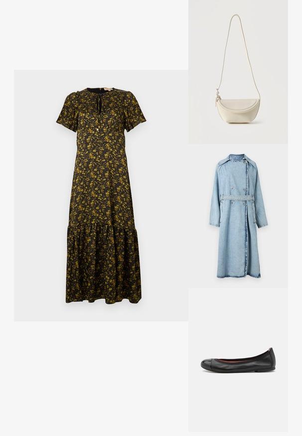 Lyseblå denim trenchcoat med dobbeltradet lukning, sidelommer, bred krave og bælte i taljen; har en afslappet pasform og lange ærmer.; Blomster maxi kjole med korte ærmer, sort bund, gule blomster, rund halsudskæring, lagdelt kant og bindebånd ved halsen.; Sorte læder balletflade med en rund tå og blanke kapdetaljer. Har en glat tekstur og subtil syning langs den øverste kant.; Lille cremefarvet læder skuldertaske med buet klap og lang tynd rem, hængende mod en ensfarvet baggrund.