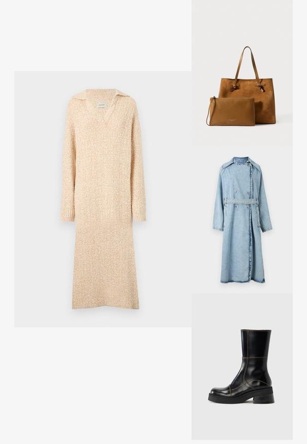 Lyseblå denim trenchcoat med dobbeltradet lukning, sidelommer, bred krave og bælte i taljen; har en afslappet pasform og lange ærmer.; Strikket beige kjole med V-hals og krave, lange ærmer og ribbede manchetter. Blød tekstur med et let struktureret mønster gennemgående.; Sort læderankelstøvle med en rund tå, kontrasterende brune syninger og en kraftig hæl. Glat tekstur og enkelt design.; Brun læder tote-bag med ruskindsstruktur, to håndtag og snore; inkluderer en matchende lille pouch med glat overflade og lynlås.