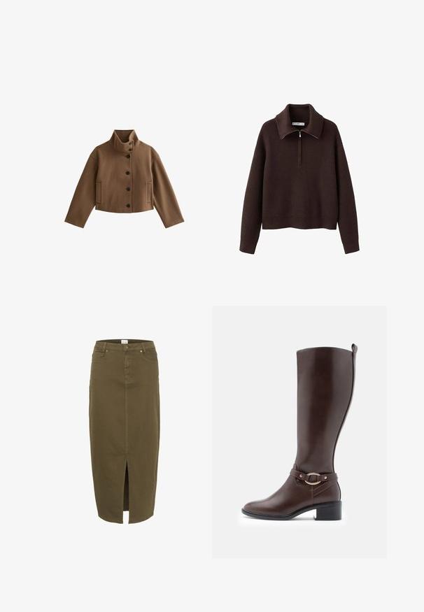 Brun cropped jakke med høj krave og fem sorte knapper foran, med to lommer i siderne.; Brun ribstrikket pullover med høj krave og halv lynlås. Har en afslappet pasform og blød tekstur.; Olivengrøn denimnederdel, knælængde med en frontal slids, bæltesløjfer og to forlommer, med diskrete stikninger.; Knæhøj brun læderstøvle med rund tå, spænde detajler og en lille blokhæl. Glat tekstur og minimalistisk design.