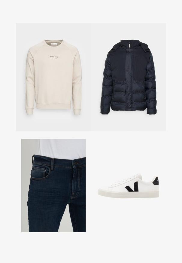 Marineblå puffjakke med lynlås foran og trykknapper, der har en høj krave, sidelommer og et kontrasterende design på den øverste sektion.; Cremefarvet sweatshirt med raglanærmer, ribbede manchetter og kant. Har et sort tekstlogo på fronten. Blødt, tekstureret stof.; Mørkeblå denimjeans båret med en hvid skjorte, der er stoppet ind, med synlige forlommer, bæltestropper, knap og lynlås.; Hvide lædersneakers med sorte ruskindsdetaljer; har en gummisål, rund tå og klassisk snørebåndsdesign. Side logo i sort.