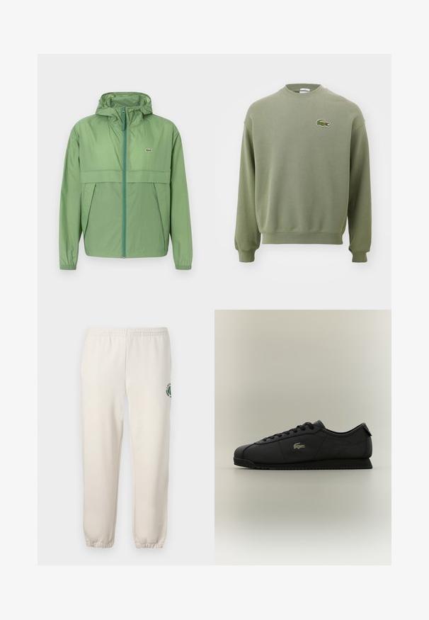 Heledad helesinine jope, millel on eeslukuga sulgemine, rindpaneel ja elastsed mansetid. Lacoste'i logo on vasakul rinnal. Sile struktuur.; Oliivroheline sweatshirt, millel on ümar kaelus, ribaga mansetid ja alläär. Vasakul rinnaosal on broderitud krokodilli logo. Pehme, tekstureeritud kangas.; Heledadbežased püksid, mis on valmistatud puuvillast, varustatud elastse vöökohtaga, soonikute lõpetustega ja vasakul jalal on roheline logo lehe kujundusega.; Madalprofiilne must toss, millel on ees paelad, tekstureeritud tald ja väike krokodillilogoga külg, eksponeeritud ühevärvilisel taustal.