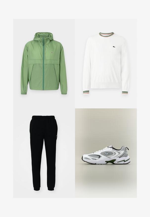 Heledad helesinine jope, millel on eeslukuga sulgemine, rindpaneel ja elastsed mansetid. Lacoste'i logo on vasakul rinnal. Sile struktuur.; Valge sviiter, millel on ümmargune kaelus ja rohelised, punased ning oranžid triibud kaeluse ja varrukate ääres. Rinnal Lacoste logo.; Mustad mustad püksid elastse vöökoht ja mansettidega. Valmistatud pehmest kangast, millel on väike logo vasakul ülal.; Valge ja hall sportlik jooksujalats, millel on võrgupaneelid, rohelised aktsendid, mustad detailid ja küljes logo, nähtuna välisküljelt.