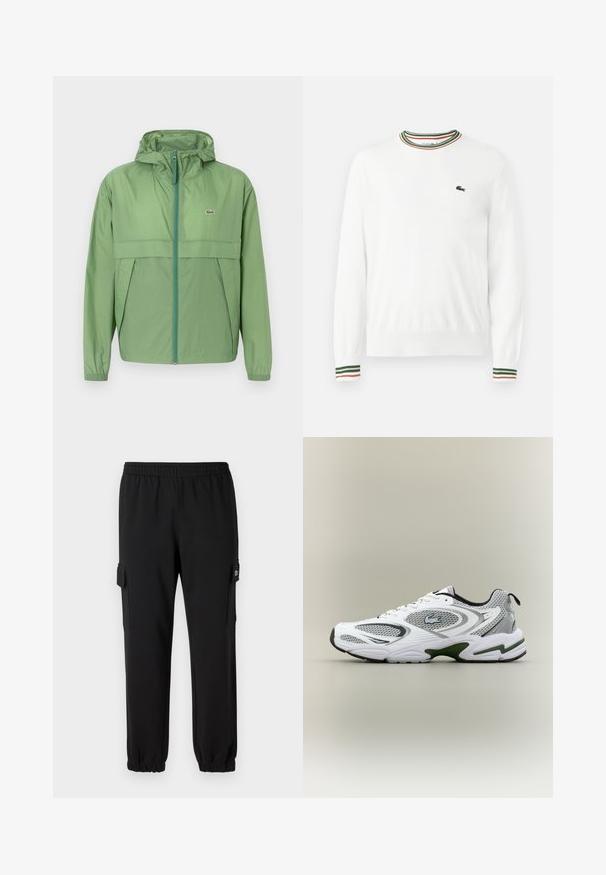 Svetlozelená bunda s kapucňou a zipsom na prednej strane, s panelom na hrudi a elastickými manžetami. Logo Lacoste je zobrazené na ľavej strane hrude. Hladká textúra.; Biely sveter s okrúhlym výstrihom, ktorý má na golieri a rukávoch pruhy v zelených, červených a oranžových odtieňoch. Logo Lacoste na hrudi.; Čierne tepláky s elastickým pásom, zúženými manžetami a bočnými cargo vreckami. Vyrobené z mäkkého materiálu s hladkou textúrou.; Biele a šedé športové bežecké topánky so sieťovými panelmi, zelenými akcentmi, čiernymi detailmi a logom na boku, zobrazené z vonkajšej strany.