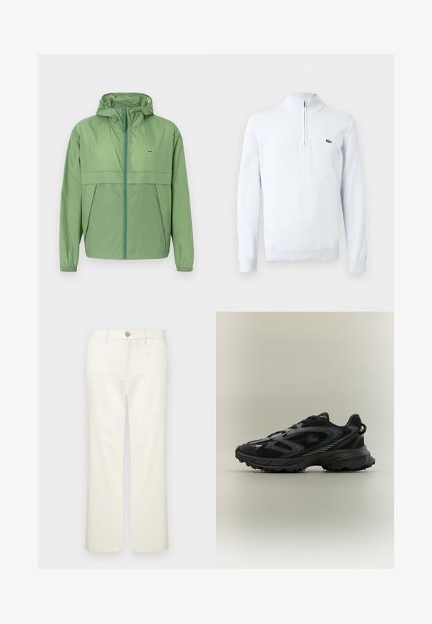 Lichtgroene hooded jack met een ritssluiting aan de voorkant, voorzien van een borstpaneel en elastische manchetten. Lacoste-logo op de linkerkant van de borst. Soepele textuur.; Witte gebreide trui met lange mouwen, kwart-ritssluiting bij de kraag en een klein groen krokodillenlogo op de linkerborst.; Beige katoenen broek met een rechte pijp, voorzien van voorzakken, een knoopsluiting en subtiele stikdetails.; Zwarte sportieve schoen met meshpanelen, een gestructureerde zool, veters en een gebogen silhouet met zilveren accenten aan de zijkanten.
