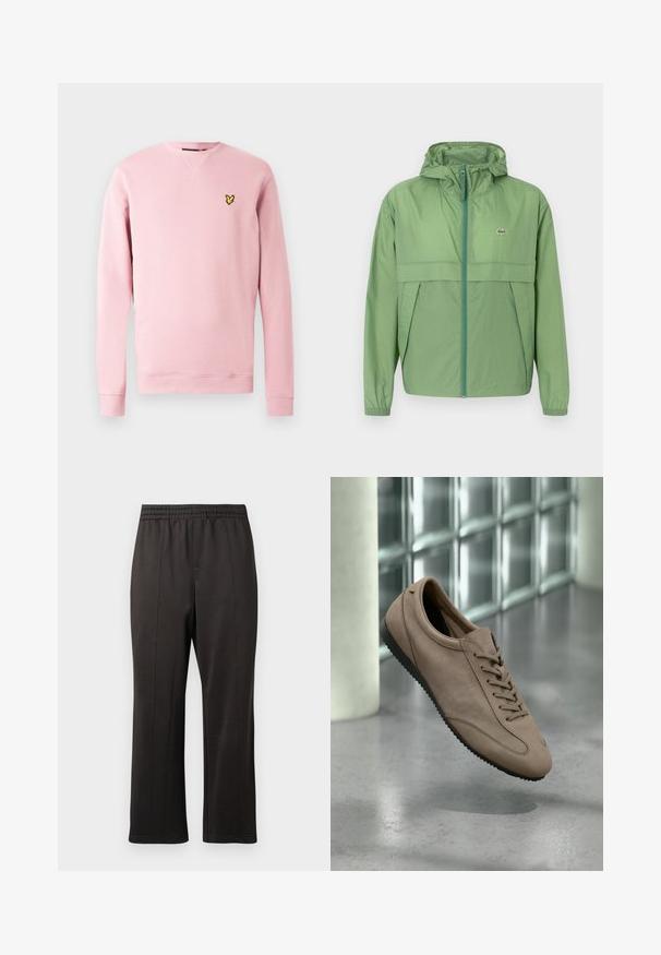 Svetlozelená bunda s kapucňou a zipsom na prednej strane, s panelom na hrudi a elastickými manžetami. Logo Lacoste je zobrazené na ľavej strane hrude. Hladká textúra.; Svetloružová mikina zo soft materiálu s okrúhlym výstrihom, rebrovanými manžetami a čiernym logom na ľavej strane hrude.; Čierne nohavice s elastickým pásom a rovnými nohavicami. Vyrobené z hladkej látky so subtílnymi švovými detailmi pozdĺž prednej časti.; Svetlohnedá športová obuv na šnurovanie s čiernou podrážkou, umiestnená vo vzduchu nad sivou podlahou a stenou zo sklenných tehál.