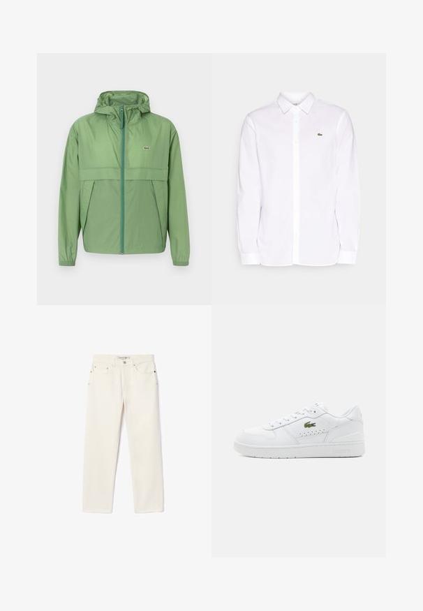 Svetlozelená bunda s kapucňou a zipsom na prednej strane, s panelom na hrudi a elastickými manžetami. Logo Lacoste je zobrazené na ľavej strane hrude. Hladká textúra.; Biela košeľa s dlhým rukávom vyrobená z bavlny, s golierom na gombíky, so zeleným vyšitým logom na ľavej hrudi a rovnými manžetami.; Džínsy v smotanej farbe so strihom rovného nohu, obsahujúce dve predné vrecká, zapínanie na gombík a decentné logo blízko pásu.; Biele kožené tenisky s perforovanými detailmi, plochými šnúrkami a malým zeleným logom na bokoch. Gumová podrážka a polstrovaný golier pre pohodlie.