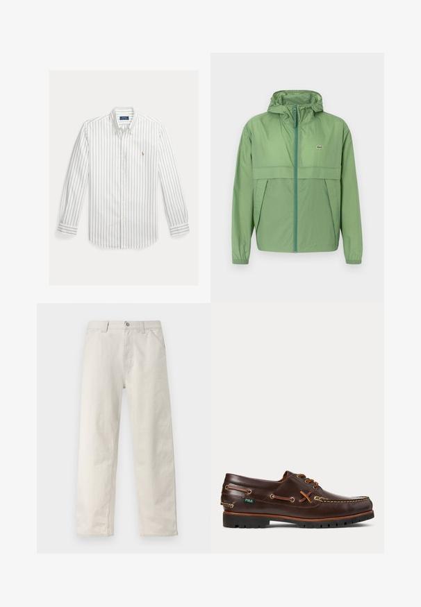 Veste à capuche vert clair avec fermeture éclair à l'avant, présentant un panneau sur la poitrine et des poignets élastiques. Logo Lacoste affiché sur la poitrine gauche. Texture lisse.; Chemise blanche à manches longues avec fines rayures verticales bleues et petit logo brodé sur le côté gauche de la poitrine.; Pantalon beige clair à jambes droites avec fines rayures verticales, fermeture avant par boutons, passants pour ceinture et poches latérales.; Chaussure bateau en cuir marron foncé avec des détails de lacets, bout mocassin cousu, semelle en caoutchouc noire, et petite étiquette verte de la marque Polo sur le côté.