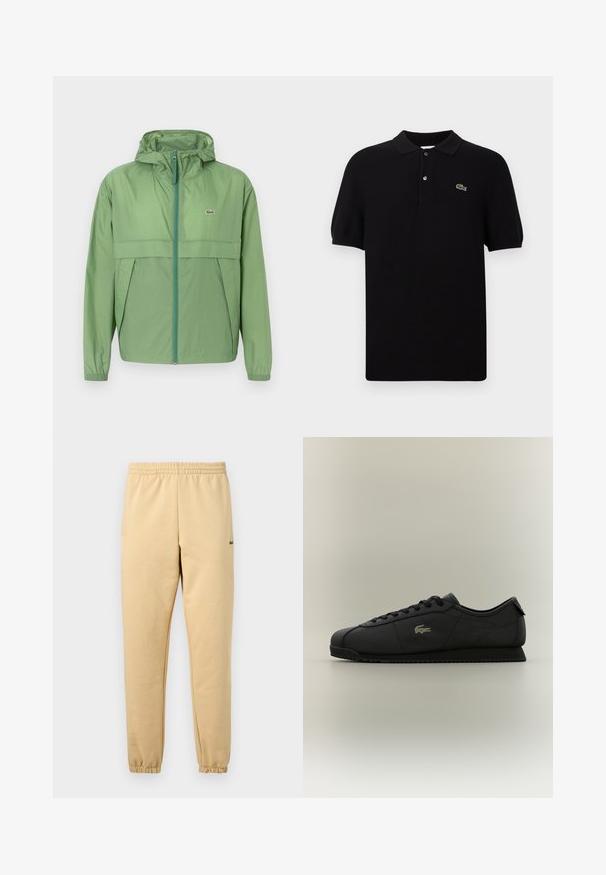Svetlozelená bunda s kapucňou a zipsom na prednej strane, s panelom na hrudi a elastickými manžetami. Logo Lacoste je zobrazené na ľavej strane hrude. Hladká textúra.; Čierna polo košeľa vyrobená z pleteného materiálu, s klasickým golierom, tromi gombíkmi a zeleným logom krokodíla na ľavej strane. Krátke rukávy.; Béžové teplákové nohavice s elastickým pásom a manžetami, s malým vyšitým zeleným logom krokodíla na pravej stehne.; Nízke čierne tenisky so šnurovaním vpredu, textúrovanou podrážkou a malým logom krokodíla na boku, zobrazené na jednoduchom pozadí.