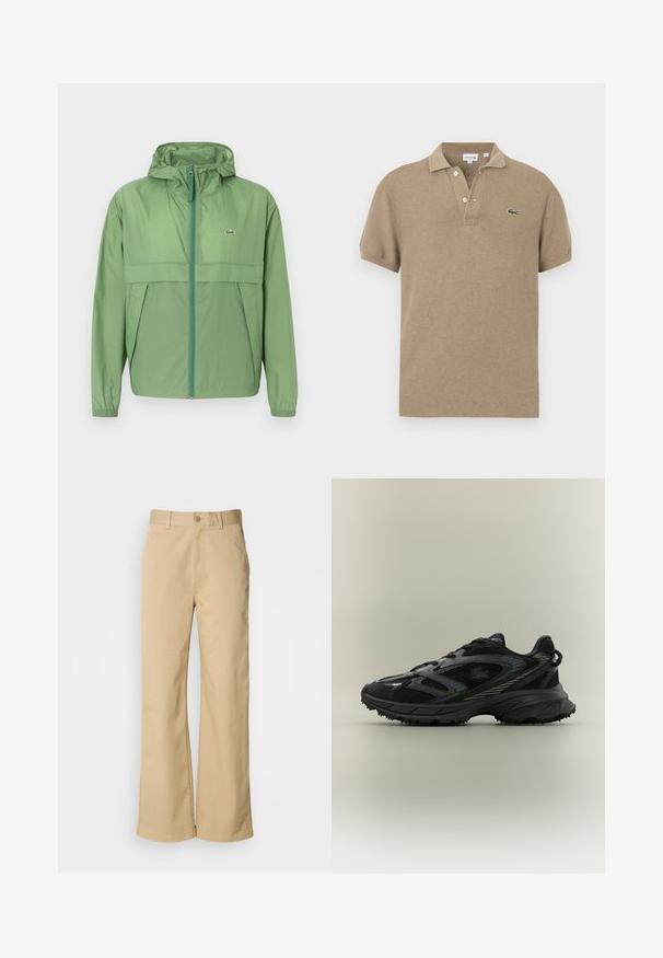 Lichtgroene hooded jack met een ritssluiting aan de voorkant, voorzien van een borstpaneel en elastische manchetten. Lacoste-logo op de linkerkant van de borst. Soepele textuur.; Korte mouw beige polo shirt met een gestructureerde brei, drie-knopen placket en een groen geborduurd logo op de linkerborst.; Beige, wijde broek gemaakt van een katoenmix. Voorzien van een knoopsluiting en riemlussen. Soepele textuur, met minimale stikseldetails.; Zwarte sportieve schoen met meshpanelen, een gestructureerde zool, veters en een gebogen silhouet met zilveren accenten aan de zijkanten.