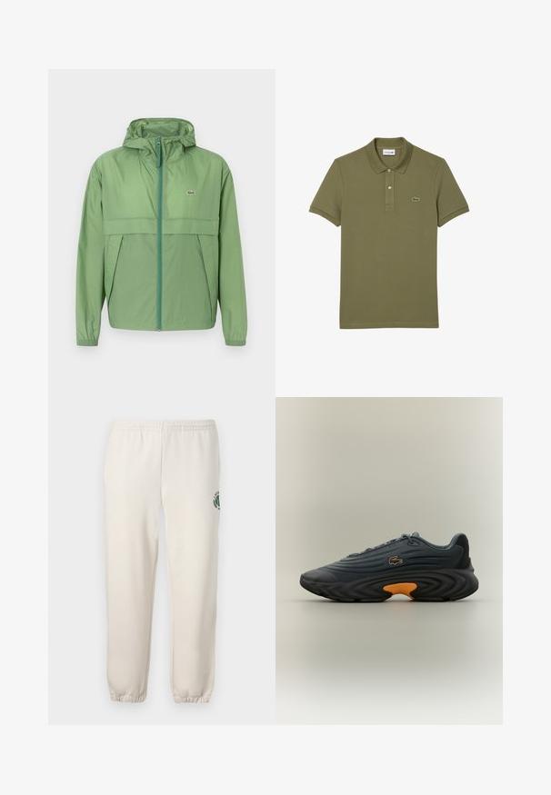 Hellgrüne Kapuzenjacke mit Reißverschluss vorne, ausgestattet mit einer Brusttasche und elastischen Bündchen. Lacoste-Logo auf der linken Brust. Glatte Textur.; Olivgrünes Polo-Shirt aus Baumwolle; kurzärmlig, mit zweiknöpfigem Revers und gesticktem Krokodil-Logo auf der linken Brust.; Helle beige Sweatpants aus Baumwolle mit einem elastischen Bund, gerippten Bündchen und einem grünen Logo mit Blattdesign am linken Bein.; Lacoste Sneakers in Dunkelgrau mit strukturiertem Obermaterial, hervorgehobener gebogener schwarzer Sohle und leuchtend orangefarbenem Akzent an der Ferse. Schnürdesign mit Logo.