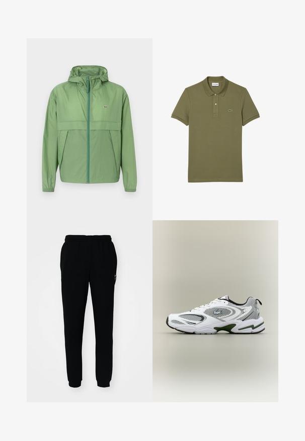Chaqueta con capucha de color verde claro, con cremallera en la parte frontal, que presenta un panel en el pecho y puños elásticos. Logo de Lacoste mostrado en el lado izquierdo del pecho. Textura suave.; Polo de color verde oliva hecho de algodón; mangas cortas, tapeta de dos botones y logo de cocodrilo bordado en el pecho izquierdo.; Pantalones de chándal negros con cintura y puños elásticos. Hechos de una tela suave, presentan un pequeño logotipo en la parte superior izquierda.; Zapatilla deportiva de running en blanco y gris, con paneles de malla, acentos verdes, detalles en negro y un logo en el costado, vista desde el lado exterior.