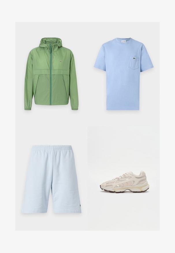 Heledad helesinine jope, millel on eeslukuga sulgemine, rindpaneel ja elastsed mansetid. Lacoste'i logo on vasakul rinnal. Sile struktuur.; Hele-sinine lühikeste varrukatega T-särk esitaskuga, millel on väike roheline Lacoste krokodillilogo.; Heledad sinine puuvillane lühikesed püksid elastse vöökohtaga. Omavad lihtsat, ühtset disaini ja avatud äärt. Logoga detail alumises servas.; Heled beez värvi spordijalats, millel on võrgust pealis, tekstuuriga detailid ja kuldsed aktsendid. Omab paksu valget vaheosat ja kummist talla.