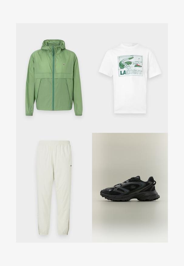 Lichtgroene hooded jack met een ritssluiting aan de voorkant, voorzien van een borstpaneel en elastische manchetten. Lacoste-logo op de linkerkant van de borst. Soepele textuur.; Wit T-shirt met korte mouwen, met groen en roze geborduurd krokodillenontwerp en de tekst "LACOSTE" op een rasterachtergrond aan de voorkant.; Creme kleurige lichte joggingsbroek met een elastische tailleband, cuffs bij de enkels, zijslitsen en een klein groen logo op de bovenbenen.; Zwarte sportieve schoen met meshpanelen, een gestructureerde zool, veters en een gebogen silhouet met zilveren accenten aan de zijkanten.