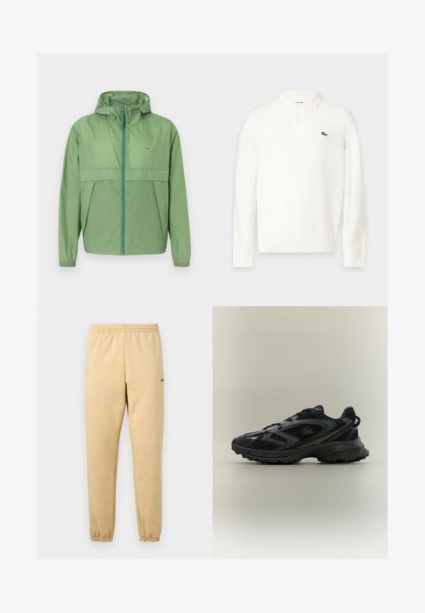 Hellgrüne Kapuzenjacke mit Reißverschluss vorne, ausgestattet mit einer Brusttasche und elastischen Bündchen. Lacoste-Logo auf der linken Brust. Glatte Textur.; Weißes Langarm-Poloshirt mit Kragen und zwei Knöpfen, mit kleinem grünen Krokodil-Logo auf der linken Brust.; Beige Jogginghose mit elastischem Bund und Bündchen, mit einem kleinen gestickten grünen Krokodil-Logo am rechten Oberschenkel.; Schwarzer Sportschuh mit Netz панели, einer strukturierten Sohle, Schnürsenkeln und einer geschwungenen Silhouette mit silbernen Akzenten an den Seiten.