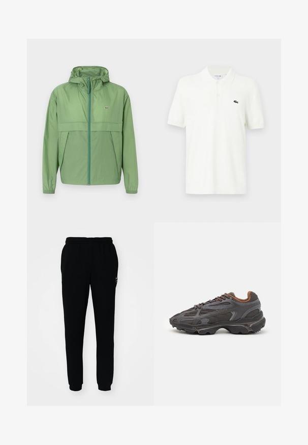 Chaqueta con capucha de color verde claro, con cremallera en la parte frontal, que presenta un panel en el pecho y puños elásticos. Logo de Lacoste mostrado en el lado izquierdo del pecho. Textura suave.; Polo blanco hecho de una suave tela de algodón con un cuello clásico, una tapeta de tres botones y un pequeño logo de cocodrilo verde en el pecho.; Pantalones de chándal negros con cintura y puños elásticos. Hechos de una tela suave, presentan un pequeño logotipo en la parte superior izquierda.; Zapatillas Lacoste en gris oscuro con material de malla y sintético, que cuentan con una suela texturizada y detalles en marrón en el cuello y la marca.