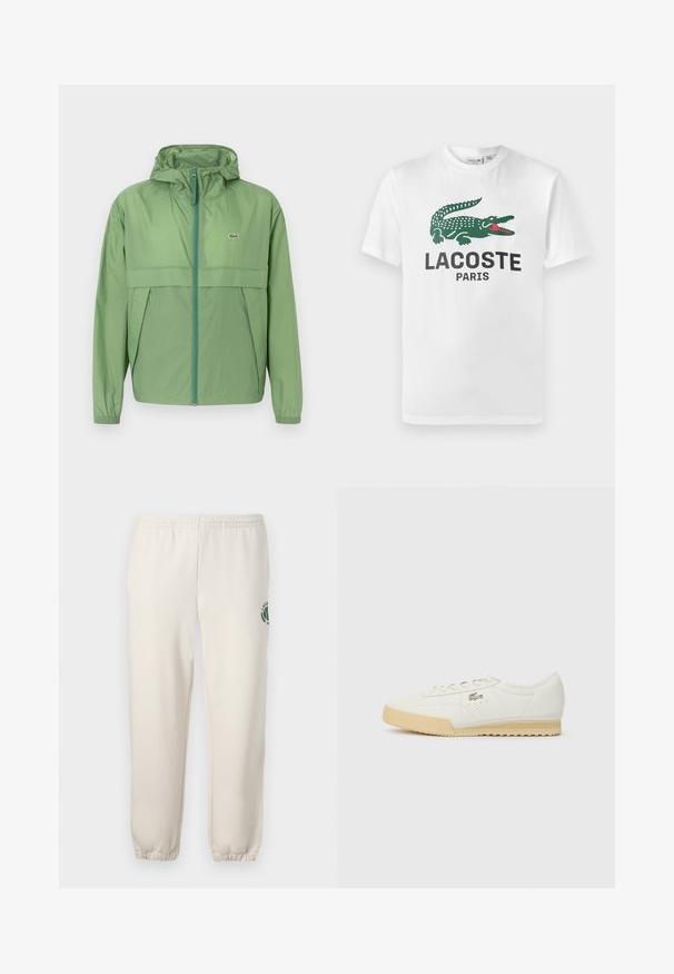 Lys grøn hættejakke med lynlås foran, featuring et brystpanel og elastiske manchetter. Lacoste-logoet er vist på venstre bryst. Glat tekstur.; Lacoste T-shirts print - white; Lys beige sweatpants lavet af bomuld, med elastisk talje, ribbede mansjetter og et grønt logo med bladdesign på venstre ben.; Hvide lædersneakers med en struktureret overflade, beige gummisål, snørebåndsdesign og subtil logodetalje på siden.