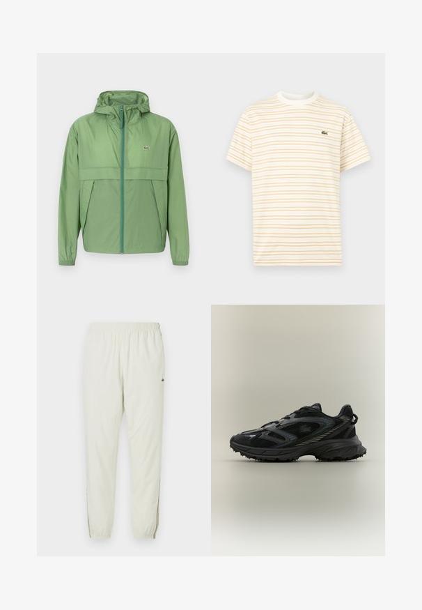 Lys grøn hættejakke med lynlås foran, featuring et brystpanel og elastiske manchetter. Lacoste-logoet er vist på venstre bryst. Glat tekstur.; Kortærmet T-shirt med rund hals og tynde horisontale beige striber på en hvid baggrund, med en lille grøn krokodillelogo på brystet.; Creme letvægts joggere med elastisk talje, manchetter ved anklerne, sideåbninger og et lille grønt logo på den øverste lår.; Sort atletisk sko med meshpaneler, en tekstureret sål, snørebånd og en buet silhuet med sølvfarvede accenter på siderne.