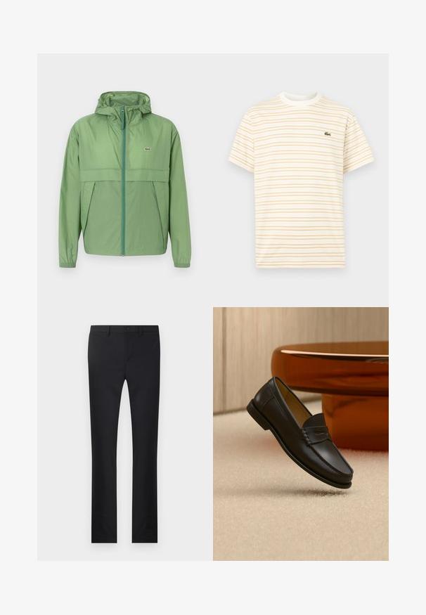 Veste à capuche vert clair avec fermeture éclair à l'avant, présentant un panneau sur la poitrine et des poignets élastiques. Logo Lacoste affiché sur la poitrine gauche. Texture lisse.; T-shirt à manches courtes avec col rond, à fines rayures horizontales beige sur fond blanc, arborant un petit logo de crocodile vert sur la poitrine.; Pantalon noir avec une coupe droite, confectionné dans un tissu lisse. Dispose de poches avant, d'une fermeture à bouton et de passants de ceinture.; Chaussure mocassin en cuir noir suspendue au-dessus d’un tapis beige avec du mobilier moderne couleur ambre en arrière-plan.