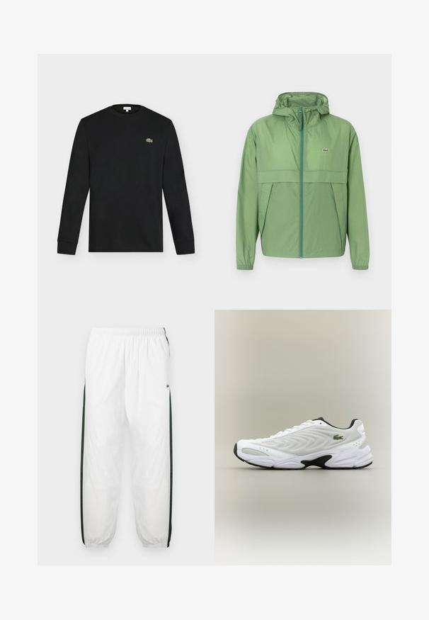 Lichtgroene hooded jack met een ritssluiting aan de voorkant, voorzien van een borstpaneel en elastische manchetten. Lacoste-logo op de linkerkant van de borst. Soepele textuur.; Zwart shirt met lange mouwen en ronde hals met klein groen krokodillogo op de linkerborst, afgebeeld tegen een effen lichte achtergrond.; Witte trainingsbroek met donkergroene zijpanelen. Lichtgewicht materiaal, elastische tailleband en boordjes aan de onderkant. Heeft een meshstructuur op de zijpanelen.; Witte sportieve schoen met een textuur van gaas bovenwerk, gebogen ontwerp en contrasterende zwarte zool. Heeft een groen geborduurd logo aan de zijkant.