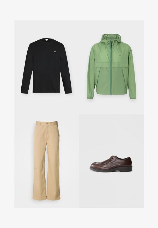 Hellgrüne Kapuzenjacke mit Reißverschluss vorne, ausgestattet mit einer Brusttasche und elastischen Bündchen. Lacoste-Logo auf der linken Brust. Glatte Textur.; Schwarzes Langarmshirt mit Rundhalsausschnitt und kleinem grünen Krokodil-Logo auf der linken Brust, vor einem einfarbigen hellen Hintergrund dargestellt.; Beige, weit geschnittene Hosen aus einer Baumwollmischung. Mit einem Knopfverschluss und Gürtelschlaufen. Glatte Textur mit minimalen Nähten.; Braune Lederdressschuhe mit einer abgerundeten Spitze, minimalen Nähakzenten und einer robusten schwarzen Sohle. Verfügt über eine Schnürung und eine glatte Textur.