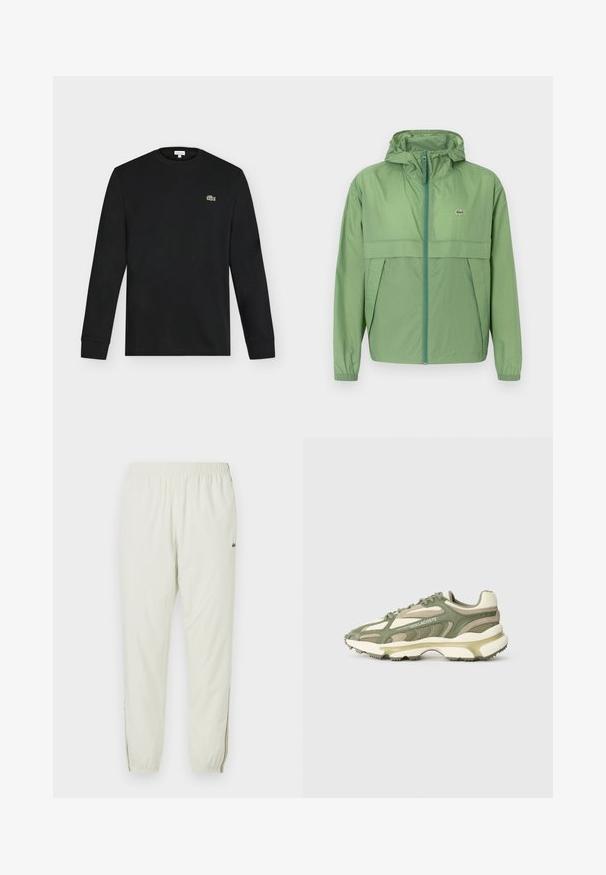 Hellgrüne Kapuzenjacke mit Reißverschluss vorne, ausgestattet mit einer Brusttasche und elastischen Bündchen. Lacoste-Logo auf der linken Brust. Glatte Textur.; Schwarzes Langarmshirt mit Rundhalsausschnitt und kleinem grünen Krokodil-Logo auf der linken Brust, vor einem einfarbigen hellen Hintergrund dargestellt.; Cremefarbene, leichte Jogginghosen mit elastischem Bund, gerippten Knöcheln, seitlichen Schlitzen und einem kleinen grünen Logo auf dem Oberschenkel.; Grüne und beige Sportschuhe mit Obermaterial aus Mesh und Wildleder, strukturiertem Mittelsohlenbereich, sichtbarem Schnürsystem und geprägtem Logodetail.