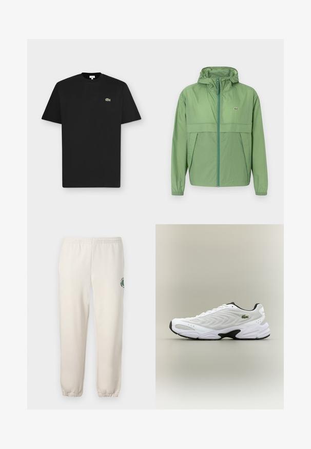 Lichtgroene hooded jack met een ritssluiting aan de voorkant, voorzien van een borstpaneel en elastische manchetten. Lacoste-logo op de linkerkant van de borst. Soepele textuur.; Zwarte korte mouw T-shirt met een ronde hals en een klein groen krokodillenlogo op de linkerborst op een lichtgrijze achtergrond.; Lichtbeige sweatpants van katoen, met een elastische tailleband, geribde boorden en een groen logo met een bladerenontwerp op het linkerpand.; Witte sportieve schoen met een textuur van gaas bovenwerk, gebogen ontwerp en contrasterende zwarte zool. Heeft een groen geborduurd logo aan de zijkant.