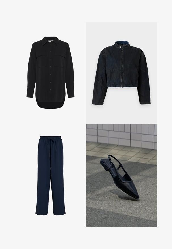 Krátka tmavá džínová bunda s vysokým golierom, predným zipsom a dlhými rukávmi. Obsahuje detaily šitia a jemne textúrovaný povrch.; My Essential Wardrobe MWSILLE HACE - Blúzka so zapínaním na gombíky - black; Tmavomodré voľné nohavice s elastickým pásom a šnúrkou, rovný strih nohavíc, ležérny štýl, bez viditeľných vreciek.; Čierna plochá obuv so špičkou na päte s otvorenou pätou, ktorá sa vznáša nad asfaltovým povrchom vedľa dlažobného chodníka.
