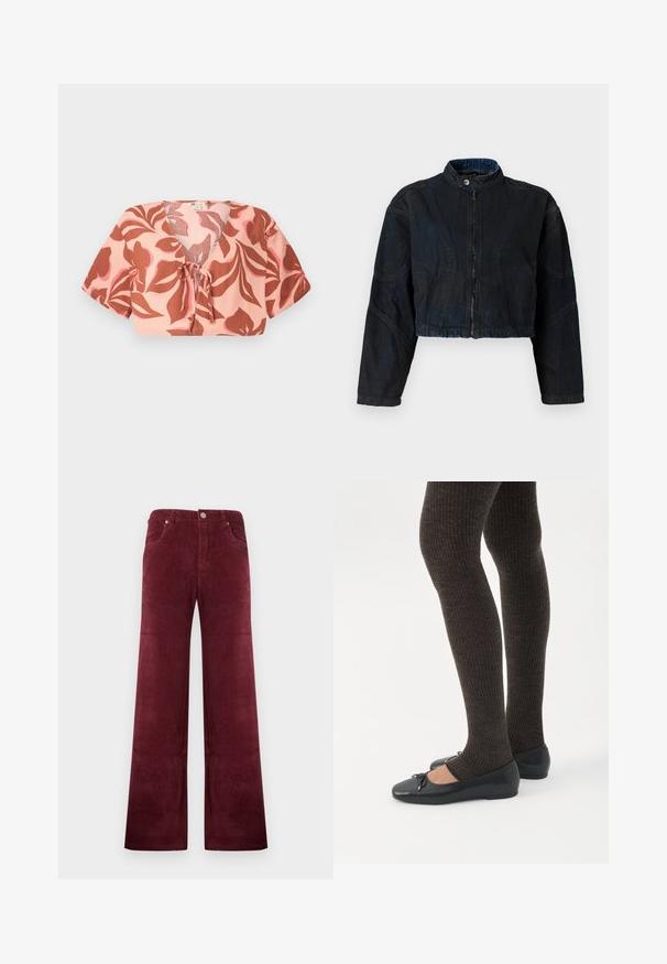 Veste en denim foncé raccourcie avec un col haut, fermeture éclair à l'avant et manches longues. Présente des détails de couture et une surface légèrement texturée.; Top court en tissu rose pastel avec un motif floral en rouille et rose doux, noué à l'avant, avec des manches courtes et un décolleté en V.; Pantalon large en velours côtelé bordeaux avec taille haute, fermeture à boutons et fermeture éclair à l'avant, et poches avant.; Jambes portant des leggings côtelés foncés associés à des ballerines noires avec de petits détails en nœud sur fond blanc.