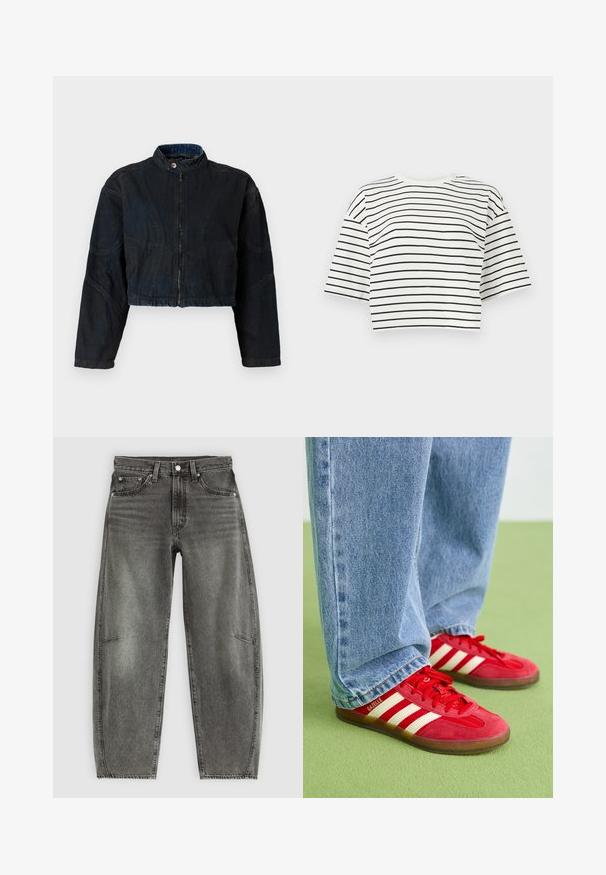 Afkortet mørk denimjakke med høj krave, for-lynlås og lange ærmer. Har stikninger og en let tekstureret overflade.; Hvid croppet T-shirt med sorte vandrette striber og korte, brede ærmer på en ensfarvet lys baggrund.; Højtaljede gråvaskede denimjeans med fem lommer, knaplukning og en afslappet lige pasform.; Røde ruskinds sneakers med tre hvide striber, rund tå og tekstureret sål, parret med lyseblå denim jeans på en grøn baggrund.