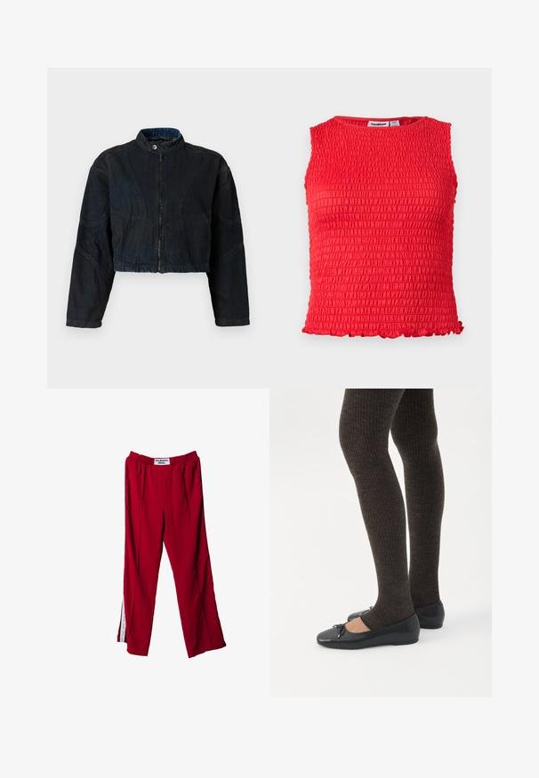 Afkortet mørk denimjakke med høj krave, for-lynlås og lange ærmer. Har stikninger og en let tekstureret overflade.; Ærmeløs rød crop top med rynket tekstureret stof og lille flæsekant langs bundkanten.; Røde sportsbukser med elastisk talje, med sidelæg og diskrete plisseringer. Materialet ser glat ud, med et mærke på taljen.; Ben iført mørke ribbede leggings kombineret med sorte balletsko med små sløjfedetaljer på hvid baggrund.