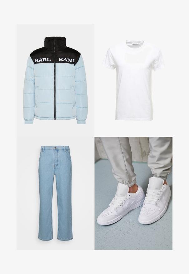 Veste matelassée bleu clair avec un col zippé noir et des manches. Présente un grand texte blanc "KARL KANI" sur la poitrine. Design texturé.; T-shirt en coton blanc à manches courtes, design col rond et texture lisse. Étiquette visible au niveau du col. Style simple et classique.; Jeans en denim bleu clair avec une coupe droite, dotés d'une fermeture à bouton, de passants de ceinture et de deux poches avant.; Des baskets en cuir blanc présentent une zone de perforation à l'avant, des lacets plats, un col rembourré et le logo Jordan sur la languette. Portées avec un pantalon de jogging gris.
