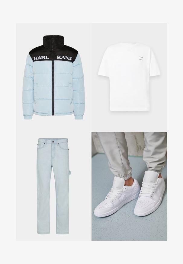 Chaqueta acolchada azul claro con un cuello y mangas con cremallera negra. Presenta un gran texto blanco "KARL KANI" en el pecho. Diseño texturizado.; Camiseta de algodón blanca con un corte relajado, mangas cortas y escote en V. Presenta dos pequeños logotipos negros impresos en el lado izquierdo.; Jeans de mezclilla azul claro, corte recto, que cuentan con un cierre de botón, cinco bolsillos y detalle de bucle lateral para mayor funcionalidad.; Las zapatillas deportivas de cuero blanco cuentan con una caja de dedos perforada, cordones planos, un cuello acolchado y el logo de Jordan en la lengüeta. Las llevan puestas con pantalones joggers grises.