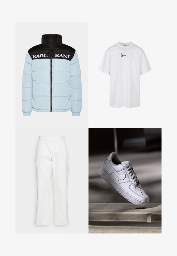 Chaqueta acolchada azul claro con un cuello y mangas con cremallera negra. Presenta un gran texto blanco "KARL KANI" en el pecho. Diseño texturizado.; Camiseta de algodón blanca con escote redondo y mangas cortas, con un logotipo bordado en negro centrado en el pecho.; Pantalones de algodón blancos con un diseño de pierna recta, presillas para el cinturón y bolsillos laterales, con una textura suave y un detalle mínimo.; Zapatilla Nike Air Force 1 de cuero blanco que presenta una puntera perforada, cordones planos y una suela de goma texturizada con la marca "AIR" en el lateral.