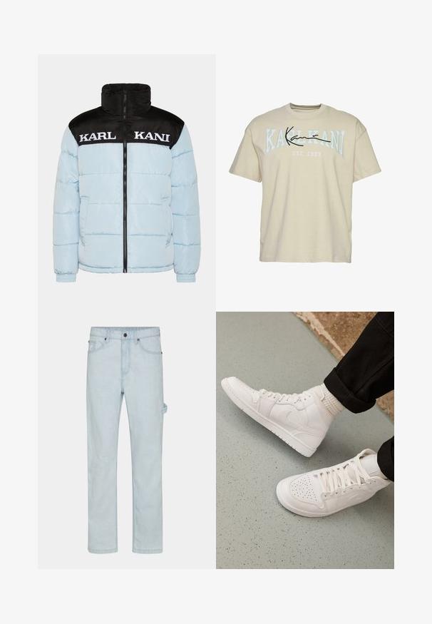Lys blå pufferjakke med en sort lynlåsekrave og ærmer. Har stor hvid "KARL KANI" tekst tværs over brystet. Struktureret design.; Beige bomulds T-shirt med rund halsudskæring, med "KARL KANI" tekst i blå og sort på tværs af brystet, etableret 1989 nedenfor.; Lysblå denimjeans, lige skåret, med knaplukning, fem lommer og sideløkker for ekstra funktionalitet.; Hvide høj-top sneakers lavet af glat læder med perforeret tå, snørelukning og subtil logo detaljer på siden. Tekstureret gummisål.