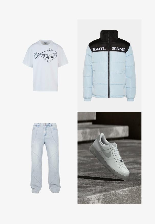 Svetlomodrá puff jacket s čiernym zipsom na golieri a rukávoch. Vlastnosti veľkého bieleho textu "KARL KANI" naprieč hrudníkom. Textúrovaný dizajn.; Biela bavlnená tričko s strieborným potlačou písma a hviezdami. Voľný strih s krátkymi rukávmi a okrúhlym výstrihom.; Svetlo modré džínsy s krivými švami, zapínaním na gombík a voľným strihom. Tkanina má hladkú textúru s jemným vyblednutím.; Biela teniska Nike Air Force 1 vznášajúca sa nad textúrovaným betónovým povrchom s kamennými schodmi v pozadí.