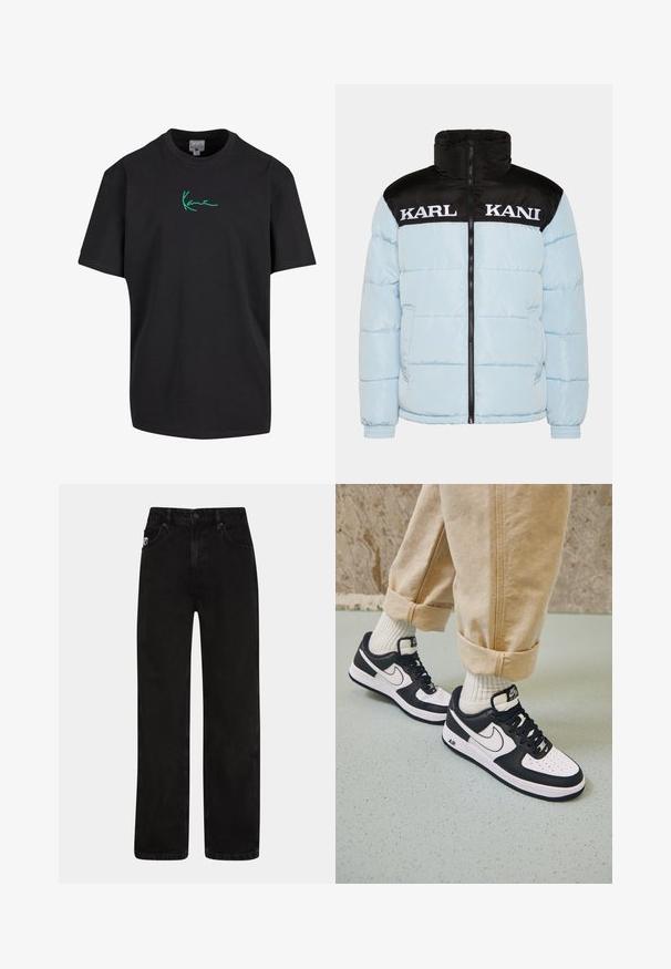 Lys blå pufferjakke med en sort lynlåsekrave og ærmer. Har stor hvid "KARL KANI" tekst tværs over brystet. Struktureret design.; Sort bomulds T-shirt med korte ærmer og rund hals. Har grøn "Kanye" signatur grafik foran. Ensfarvet bagpå og afslappet pasform.; Sorte denim jeans med lige ben, der har forlommer, lukning med knap og en diskret logo-patch på taljen.; Sorte og hvide Nike Air Force 1 sneakers med læderoverdel, perforeret tå og tekstureret såldetalje, båret med rullede beige bukser og hvide sokker.