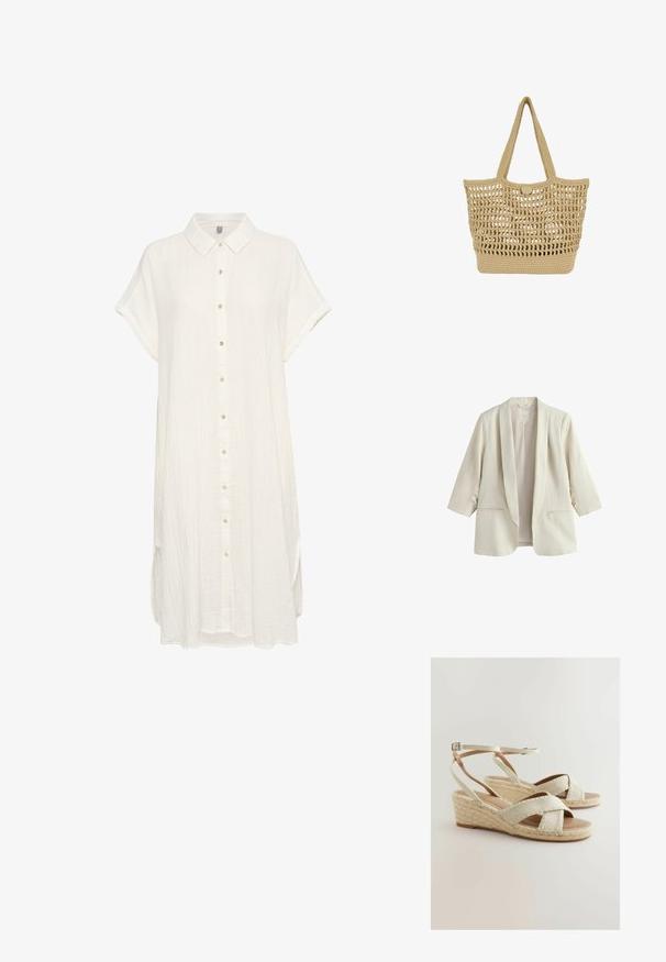 Blazer para mujer de color crema con mangas tres cuartos, cuello chal y dos bolsillos delanteros, fabricado con tela de lino.; Vestido camisero blanco de manga corta, confeccionado en una suave tela texturizada. Presenta un cierre de botones en la parte delantera y un cuello clásico, con un corte relajado y aberturas laterales.; Sandalias de cuña beige con parte superior de tela, tiras cruzadas, plataforma de yute trenzado y correa ajustable en el tobillo. Suela lisa.; Bolsa tote tejida beige con patrón abierto de punto, base sólida, dos asas para el hombro y cierre pequeño de botón redondo en la parte superior central.