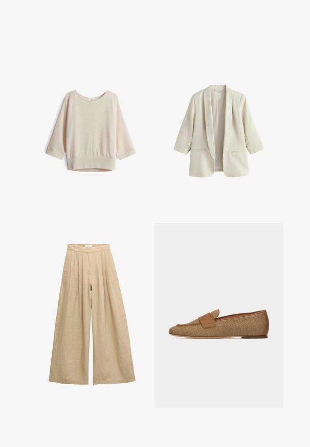 Crèmekleurig damesblazer met driekwart mouwen, sjaalkraag en twee voorzakken, gemaakt van linnen stof.; Lichtbeige, geribbeld sweater met een brede halslijn, 3/4 mouwen en een relaxed fit. Heeft een subtiele textuur en een afgeronde zoom.; Beige linnen broek met hoge taille en wijde pijpen, plooien bij de taille en een verborgen voorzijde sluiting.; Loafer van geweven beige stof met suède bandje en rand, platte zool, zijaanzicht op witte achtergrond.