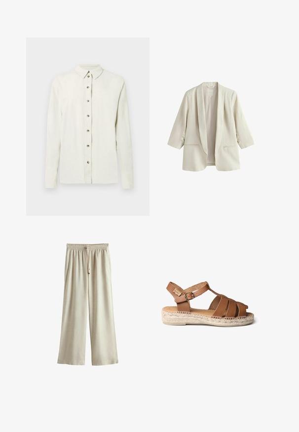 Blazer para mujer de color crema con mangas tres cuartos, cuello chal y dos bolsillos delanteros, fabricado con tela de lino.; Camisa de manga larga color beige claro hecha de tela texturizada, con cierre frontal de botones metálicos y cuello clásico.; Pantalones beige de pierna ancha con cintura elástica y cordón, con bolsillos laterales, exhibidos sobre un fondo blanco.; Sandal de cuero marrón con suela de cuerda trenzada, que presenta un diseño de tiras, hebilla ajustable en el tobillo y textura suave.