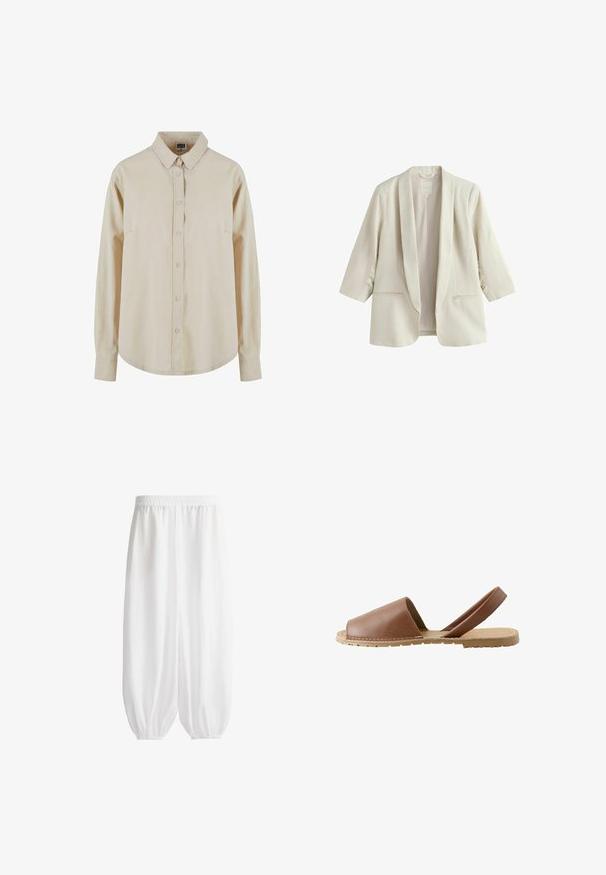 Blazer pour femme couleur crème avec manches trois-quarts, col châle et deux poches avant, en tissu de lin.; Chemise beige à manches longues en coton, avec un devant à boutons, un col pointu et une poche poitrine unique. Texture douce, coupe décontractée.; Pantalon ample en coton blanc avec taille élastique et poignets élastiques froncés aux chevilles, présenté sur un fond blanc uni.; Sandale plate en cuir marron à bout ouvert avec bride arrière et semelle en caoutchouc beige montrée de profil sur fond blanc.
