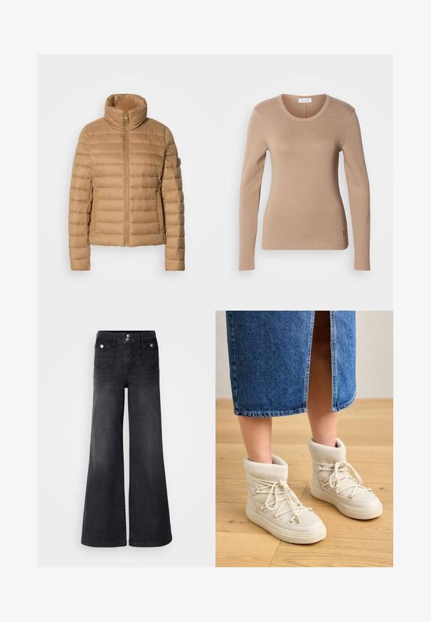 Beige puffer jope kõrge kraega, horisontaalse tikandi disainiga, tõmblukuga ja küljetaskutega, valmistatud siledast, kergest kangast.; Pikend varrukatega särk heledas beežis, ringkraega ja kitsas istuv. Valmistatud pehmest, paindlikust kangast peene tekstuuriga. Väike logodetail allääres.; Mustadest denimist laiad jalad teksad kõrge vöökoha, ees olevate nööpidega ja kahe ees oleva taskuga; sile tekstuur kerge kulumisega viimistlusega.; Beežid pahkluu saapad pehme, kudumisega varrukaga ja valgete paeltega. Üksus on paks ja tekstuuriga, koos sinise teksaseelikuga.