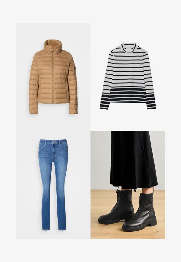 Beige puffjakke med høj krave, vandret quiltet design, lynlås lukning og sidelommer, lavet af et glat, let stof.; Langærmet bluse lavet af bomuld, med vandrette sorte og hvide striber, en høj mock neck og en afslappet pasform med sidesplits.; Blå denim jeans med en tætsiddende pasform, fem lommer og et diskret falmet mønster. Fremstillet af blødt, strækbart stof med en standard knaplukning.; Sorte læder ankelstøvler med en kraftig platformsål og en frontlynlås. Glat tekstur med et minimalistisk design.