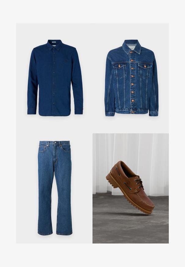 Veste en jean bleu foncé, avec des boutons orange-brun, deux poches poitrine, et un col classique. Le tissu a une surface texturée.; Chemise bleu foncé à manches longues avec boutons, col à boutonnière et logo brodé discret sur la poitrine gauche.; Jean droit bleu en denim avec bouton et fermeture éclair à l'avant, cinq poches et détails de coutures orange sur un fond uni.; Chaussure de bateau en cuir marron avec des lacets noirs, des coutures beiges et une semelle robuste, suspendue au-dessus d'un sol en béton gris.