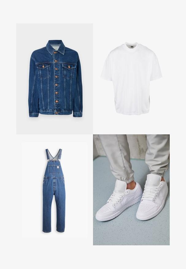 Denimjakke i mørkeblå med orange-brune knapper, to brystlommer og en klassisk krave. Stoffet har en struktureret overflade.; Hvid bomulds T-shirt med en afslappet pasform, korte ærmer og rund halsudskæring, med en lige kant og ingen synlige grafikker eller mønstre.; Denim overalls i mellemblå, med justerbare stropper, en frontlomme og metalbeslag, i en afslappet pasform og lige ben-design.; Hvide lædersneakers har en perforeret tåboks, flade snørebånd, polstret krave og Jordan-logoet på tungen. Båret med grå joggers.